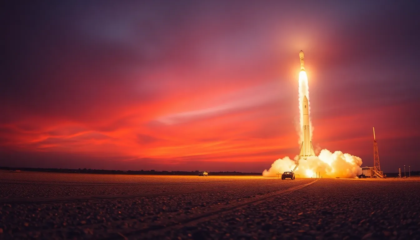 Dawn Rocket Launch Against Vibrant Sky