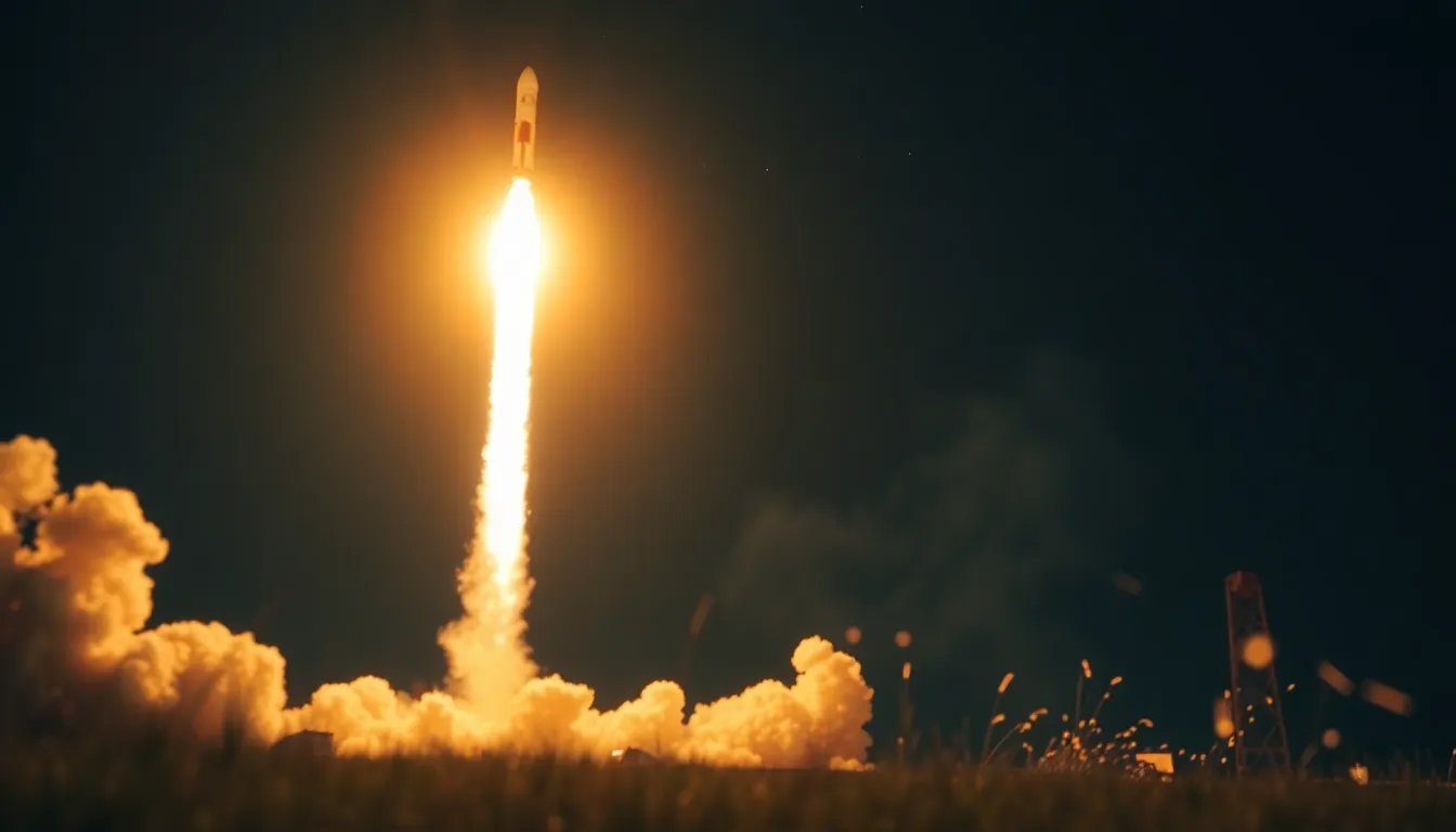 Rocket Launch Complex at Dusk In this stunning dusk shot, a rocket stands ready on the launch pad, bathed in the warm glow of the golden hour. The hyperfocal focus brings both the rocket and the surrounding launch complex into clarity, showcasing the essential details of the engineering marvel. The leading lines guide the viewer's gaze directly to the rocket, while the warm Kodak Portra color palette adds an inviting softness to the scene. The contrast between the concrete textures of the pad and the rocket's sleek surface emphasizes the marvel of modern technology.
