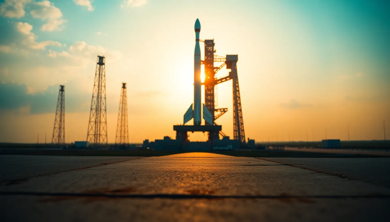 Rocket Launch at Sunset This stunning image captures a rocket poised for launch during the golden hour. The dramatic backlighting creates a striking silhouette effect, highlighting the rocket's powerful form against a vibrant, colorful sky. The contrasting textures of the rough concrete launch pad and the sleek body of the rocket enhance the scene. Soft bokeh in the background draws the viewer's focus, evoking a sense of anticipation and excitement.
