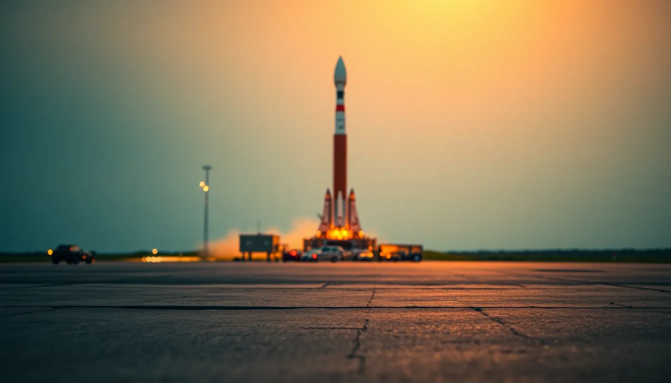 A striking image capturing a rocket poised for launch on the concrete pad during the golden hour. The warm light enhances the metallic details of the rocket, creating a dramatic scene with a softly blurred background. The composition follows the rule of thirds, emphasizing the rocket's importance in the frame. The texture of the weathered launch pad contrasts beautifully against the smooth surface of the rocket, evoking anticipation and excitement.