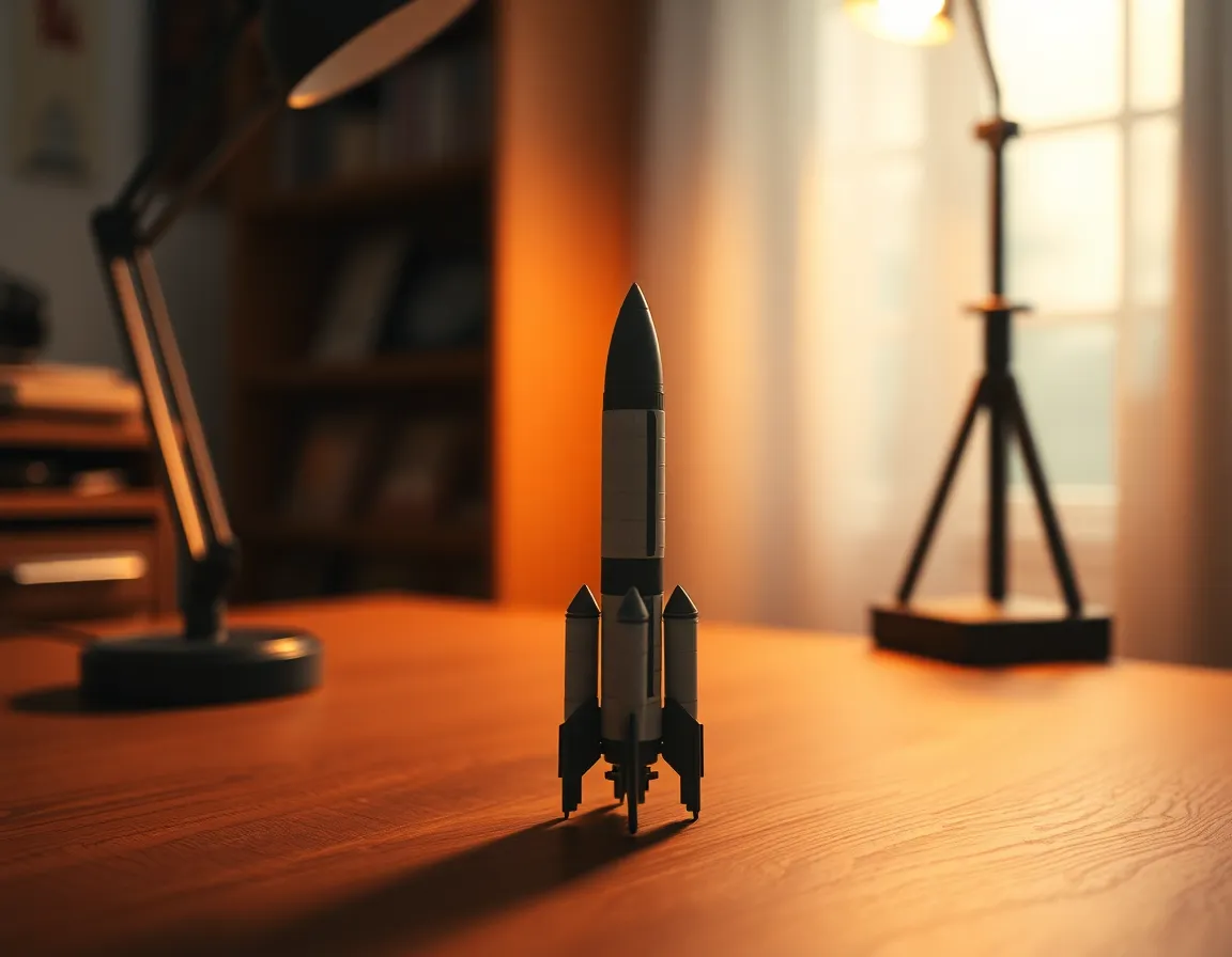 Model Rocket on Wooden Table This intimate scene captures a meticulously crafted model rocket illuminated by the warm glow of a tungsten lamp. The selective focus draws attention to the intricate details of the rocket, while soft bokeh blurs the surrounding area. The warm tones of the Kodak Portra 400 color palette bring a nostalgic feel, and the leading lines of the wooden table direct the viewer’s eye towards the subject. This image celebrates both artistry and space exploration.