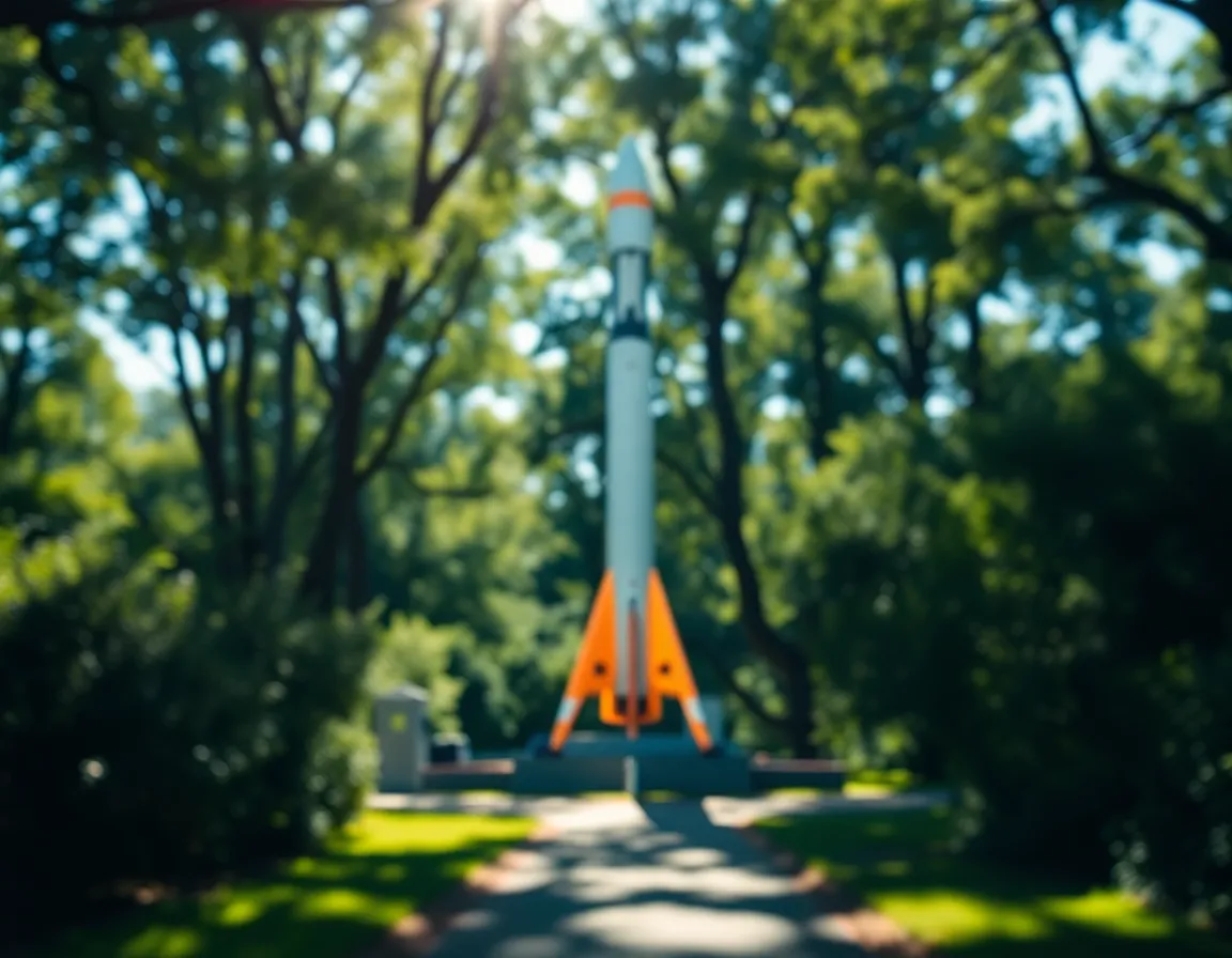 Rocket Integrated into Nature The image captures a rocket blending harmoniously with its natural surroundings, framed by dappled sunlight filtering through the leafy canopy above. Selective focus highlights the rocket's intricate technical details, while the lush landscape forms a rich, vibrant backdrop in saturated colors. Leading lines from the paths surrounding the site guide the viewer’s gaze towards the rocket, emphasizing its majesty against the natural beauty.