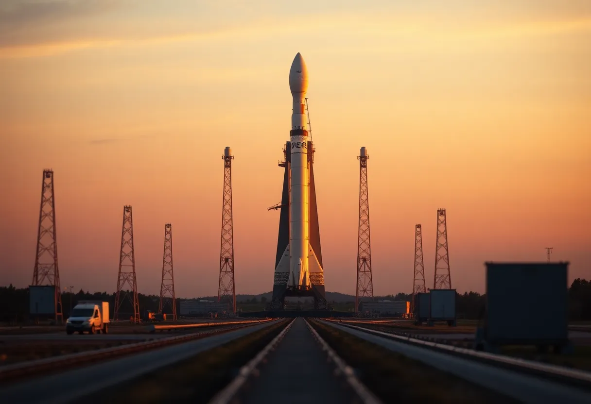 In this captivating image, a rocket stands ready for launch at dawn, enveloped in the warm, golden light of the early morning. Captured with the Fujifilm GFX 100S, the scene is meticulously framed, highlighting the rocket's impressive height against the soft hues of the sunrise. The surrounding launch pads create leading lines that draw the viewer's gaze, while the warm color palette captures the magic of dawn. This scene encapsulates a moment of anticipation and excitement in aerospace exploration.