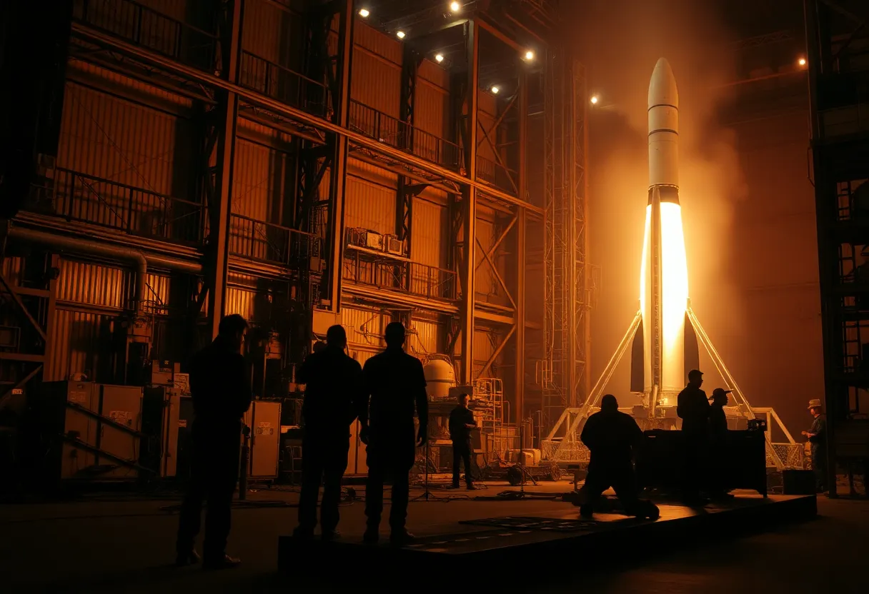 Preparing a Rocket for Launch In this compelling image, a crew of technicians prepares a rocket for launch within an industrial setting, illuminated by the warm glow of firelight. The warm tones create an intimate atmosphere, while a hyperfocal setup ensures every detail is in focus. Composed in the rule of thirds, the rocket stands at the right, with dynamic action occurring on the left, emphasizing the collaborative effort behind space missions. This photograph highlights the profound human endeavor in the field of space exploration.