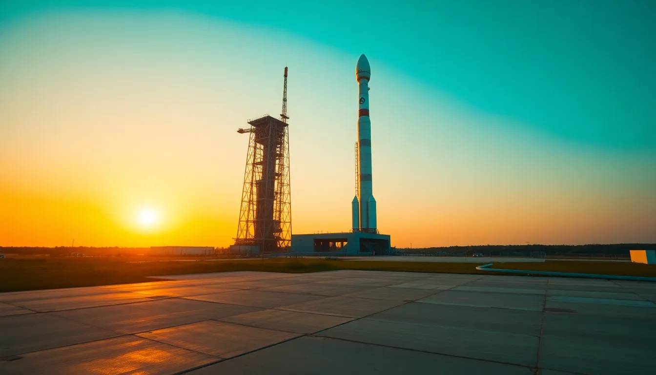 Rocket Launch at Sunset This stunning image captures a rocket poised for launch at sunset, set against a breathtaking sky painted in orange and teal hues. The warm rim light highlights the sleek lines and surface details of the rocket, while a dreamy bokeh blurs the launch pad behind it. The composition is symmetrical, emphasizing the rocket's grandeur. This scene embodies the excitement of space exploration and technological advancement.