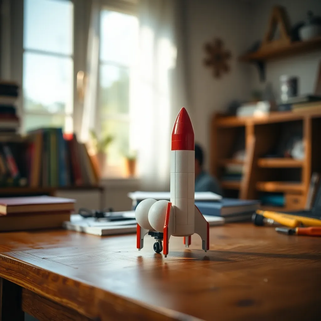 Model Rocket on Wooden Table This intimate macro shot features a detailed model rocket showcased on a rustic wooden table. The soft, diffused light from a nearby window creates a relaxed and inviting atmosphere, allowing the vibrant colors of the rocket's paint to shine against the warm wood. A shallow depth of field highlights the craftsmanship of the model while gently blurring the background, enhancing the focus on the subject.