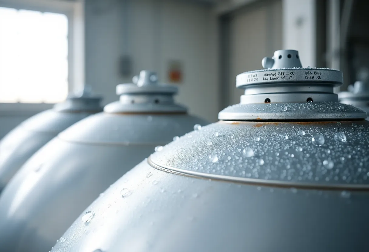 An artistic macro photograph of rocket fuel tanks, showcasing the intricate textures and details of the surface. Condensation droplets glisten on the cold metal, illuminated by soft daylight from a nearby window, creating an intimate and serene mood. The shallow depth of field draws attention to the tanks, while the soft blur of the background adds to the overall aesthetic. This image encapsulates the beauty of engineering in the aerospace industry.