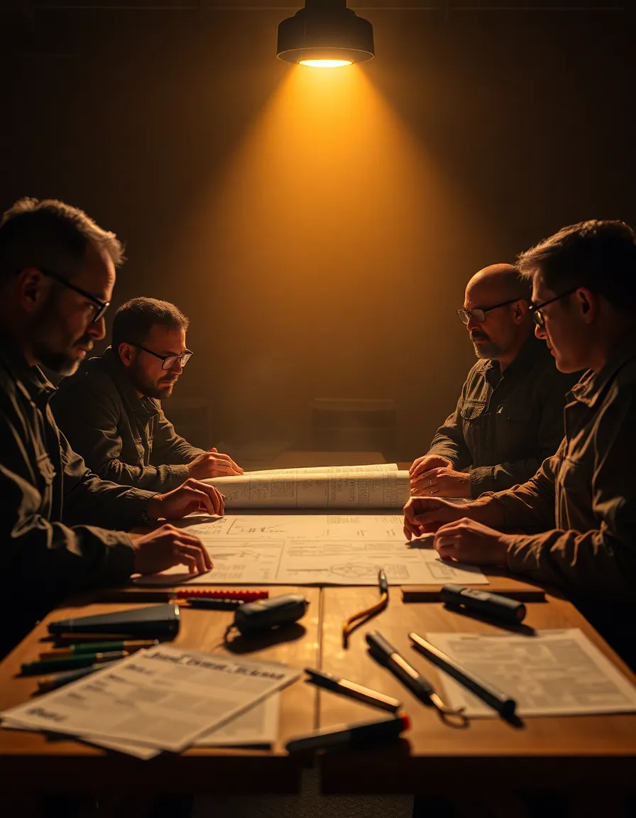 Engineers Reviewing Rocket Schematics This captivating image captures engineers gathered around a table, illuminated by the warm glow of firelight as they review rocket schematics. The rich, muted tones of the scene create a focused and collaborative atmosphere, while the detailed textures of paper and tools scattered across the table add an engaging tactile quality. Leading lines guide the viewer into the scene, emphasizing the engineers' intense concentration and dedication to their craft.
