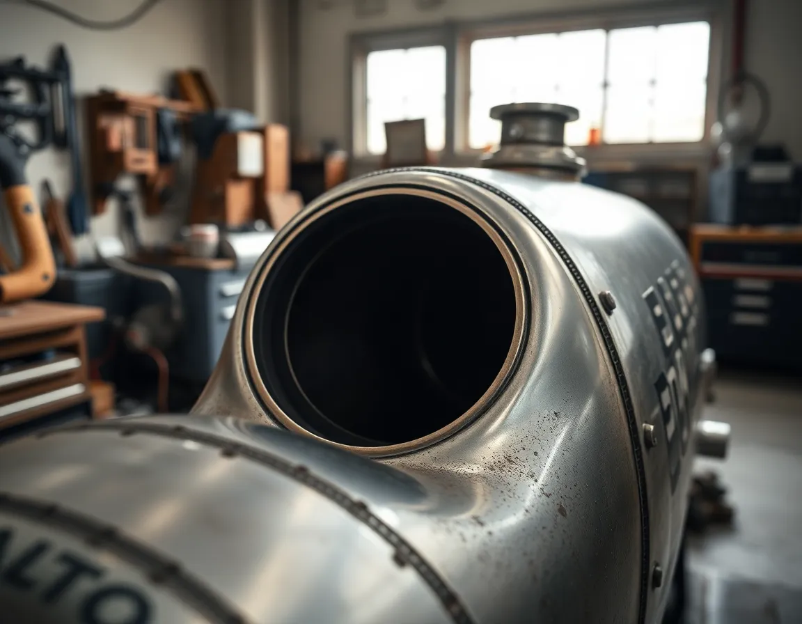Close-Up of Rocket Fuel Tank This macro shot captures the intricate detailing of a rocket fuel tank in a workshop setting. The soft daylight streaming through the window beautifully highlights the metal's texture and craftsmanship. The gentle blur of the background tools provides context while keeping the focus on the tank's precision and design. The muted color palette reflects the seriousness of engineering, evoking a sense of respect for the technology that propels us into space.