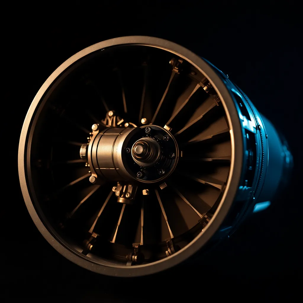 This close-up image showcases the intricate details of rocket engine components, captured in a dramatic studio setting. Soft side lighting highlights the polished metal surfaces and complex mechanical parts, while a shallow depth of field creates a striking bokeh effect. The warm tones and creamy highlights of the Kodak Portra 400 color palette add depth to the image, emphasizing the sophistication of aerospace engineering. The centered composition draws the viewer's attention to the craftsmanship inherent in these vital components.