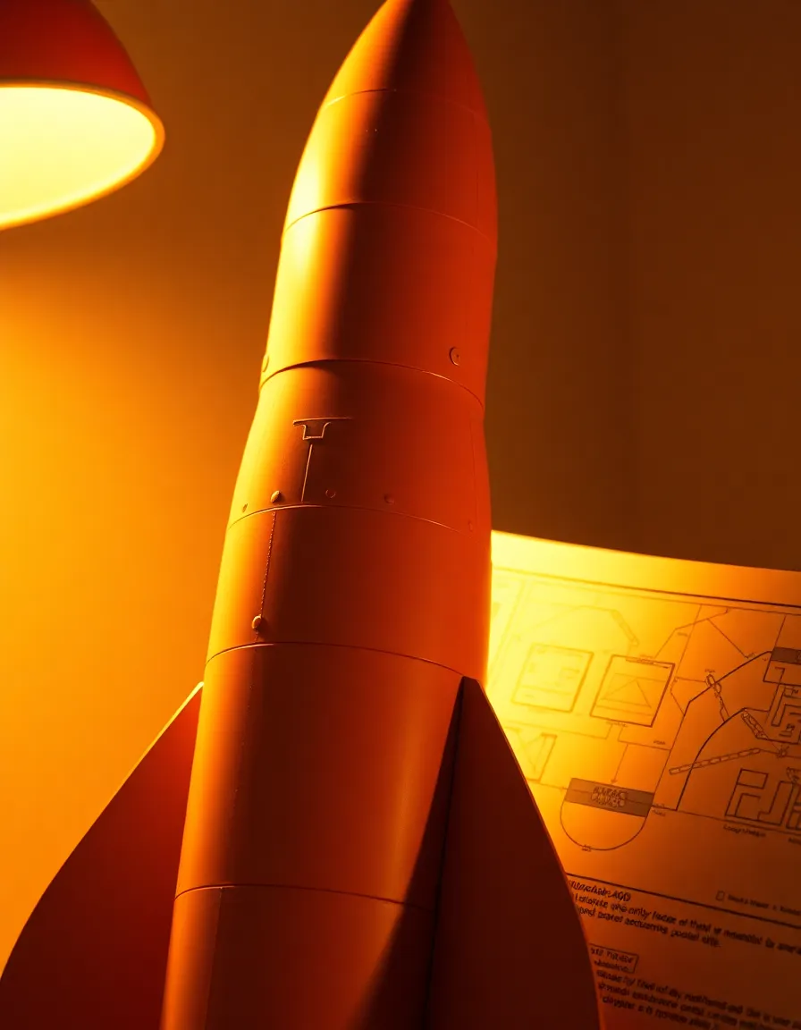 A meticulously detailed close-up image of a rocket next to an open blueprint, bathed in warm, directional light from a tungsten lamp. The image captures the texture of the rocket’s surface, revealing the intricate rivets and panels that compose its design. The warm color palette adds inviting warmth to the scene, while the rule-of-thirds composition provides visual interest. This image combines technical precision with artistic flair, appealing to both engineers and art lovers.