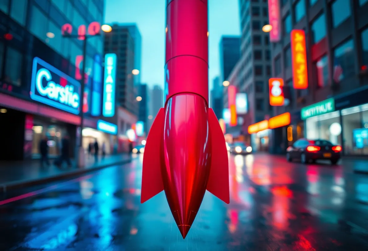 This dynamic image presents a rocket in the foreground, set against a vibrant urban backdrop illuminated by colorful neon lights. The reflective surfaces of the rocket catch the blues and magentas from the signage, creating a stunning contrast with the dark pavement. The selective focus highlights the intricate details of the rocket's engine while softly blurring the city skyline. The centered composition adds a sense of balance while conveying a futuristic atmosphere.