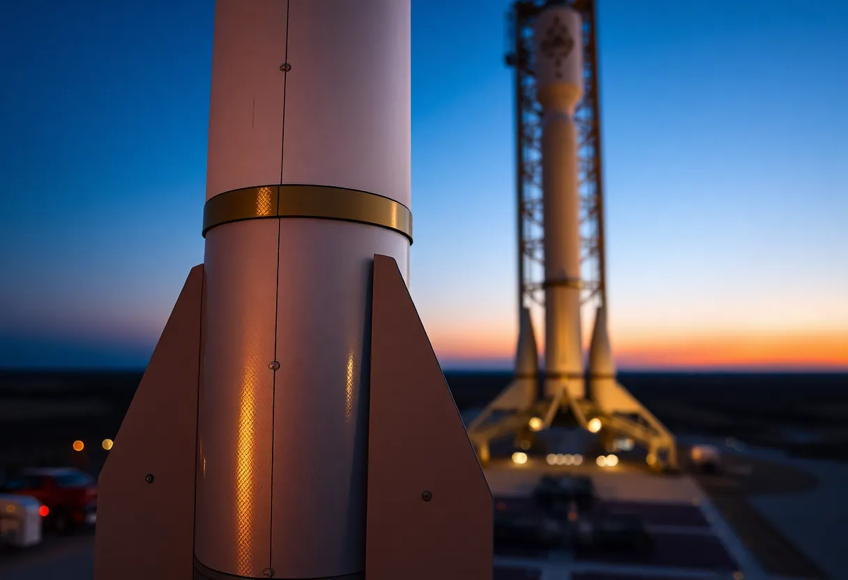 Rocket Exterior at Twilight This captivating image reveals the detailed exterior of a rocket at twilight, illuminated by the soft glow of ambient light. The gradient hues of the evening sky add a touch of magic to the scene, enhancing the rocket's sleek lines and textures. The blurred background further emphasizes the subject, creating a sense of intimacy with the engineering marvel. The symmetrical composition creates balance and draws the viewer's eye directly to the rocket, making it a striking visual.