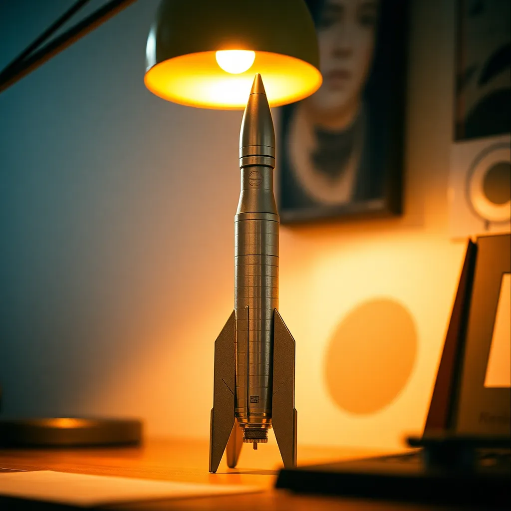 Scale Model Rocket in Warm Light An intimate portrayal of a scale model rocket illuminated by the warm glow of tungsten lighting. The warm light reflects off the metal textures of the model, showcasing its intricate details and craftsmanship. With a soft blur in the background, this composition draws the viewer’s eye directly to the model, creating an inviting and contemplative atmosphere. The warm Kodak Portra tones enrich the overall aesthetic, making the scene feel both cozy and professional.