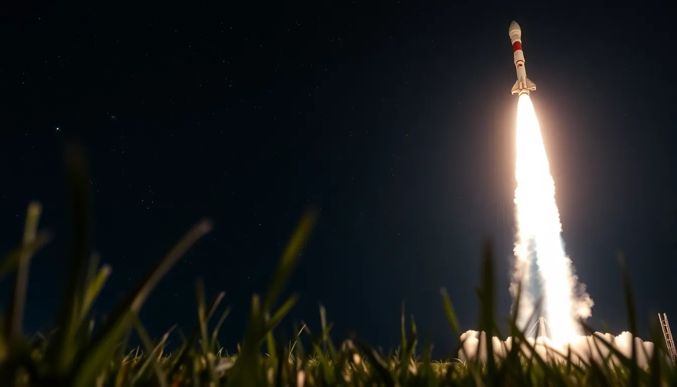 Nighttime Rocket Launch with Stars This stunning image captures the breathtaking moment of a rocket launching at night, illuminated by its fiery exhaust against a backdrop of twinkling stars. The dynamic low-angle perspective emphasizes the rocket's powerful ascent, creating a striking contrast with the dark sky. A shallow depth of field adds an ethereal quality by softening the foreground, allowing the viewer to focus on the spectacular scene above.