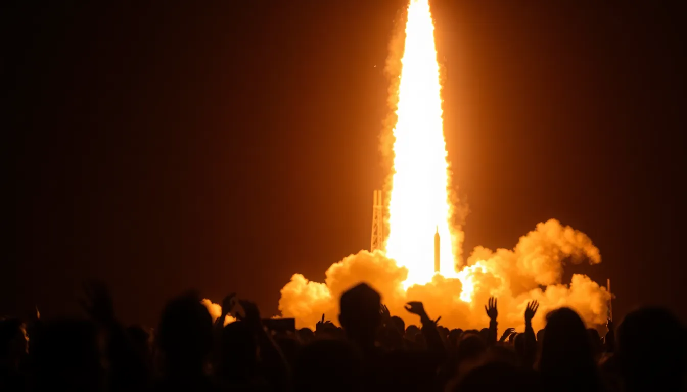 An exhilarating image of a rocket launch, capturing the momentous occasion filled with anticipation and energy. Silhouetted spectators cheer as flames and smoke fill the air, illuminated by the rocket’s powerful boosters. The dramatic shadows and shallow depth of field create a sense of excitement and urgency. This image portrays the emotional connection between humanity and the journey into space.