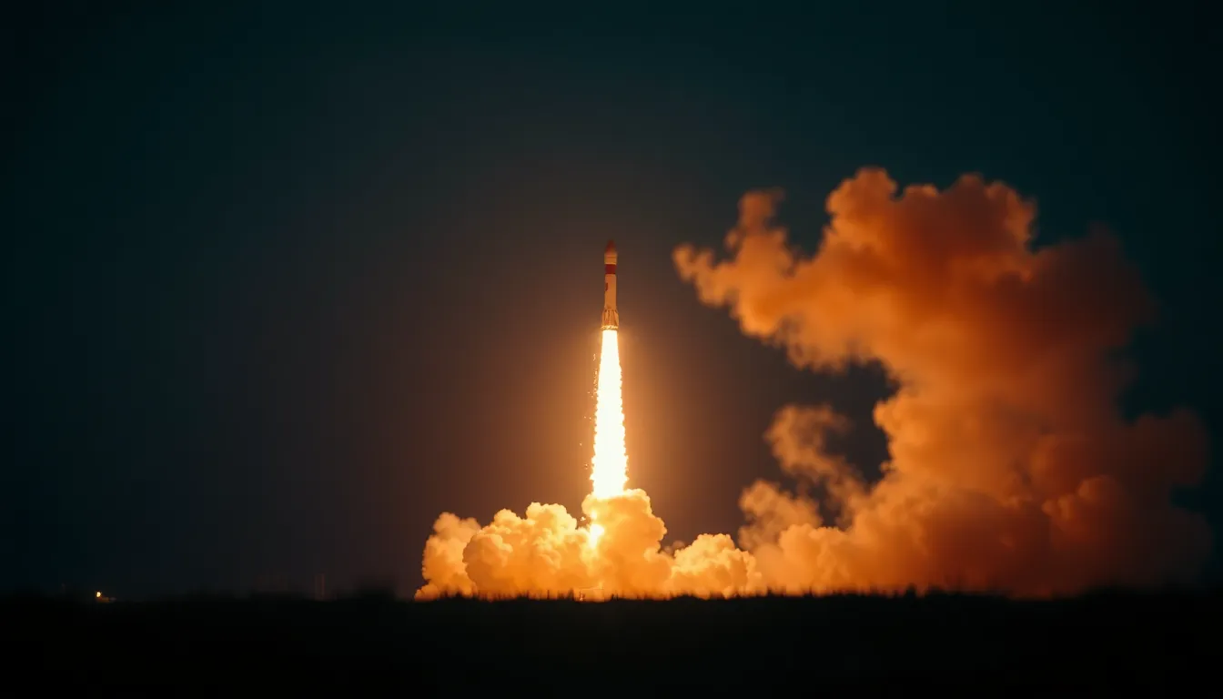 This dramatic image captures a nighttime rocket launch, where vibrant trails of light tear through the dark sky as the rocket ascends. The practical lighting from the ignition creates an ethereal glow, while the tilt-shift effect adds a miniature-like quality, focusing the viewer's attention on the rocket's journey. Cinematic teal and orange grading amplifies the mood, blending colors with the smoke's dynamic textures.