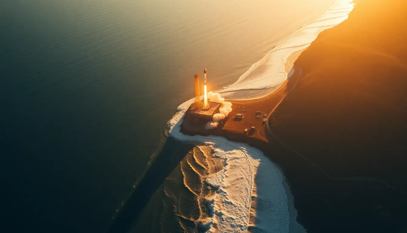 Rocket Launch Over Coastal Landscape This breathtaking image portrays a rocket launching from a coastal pad, captured at high altitude during the golden hour. The warm sunlight bathes the scene, illuminating the crashing waves below while casting long, dramatic shadows across the landscape. The coastline's leading lines gracefully guide the viewer's eye to the ascending rocket, creating a sense of motion and scale within the warm color palette.
