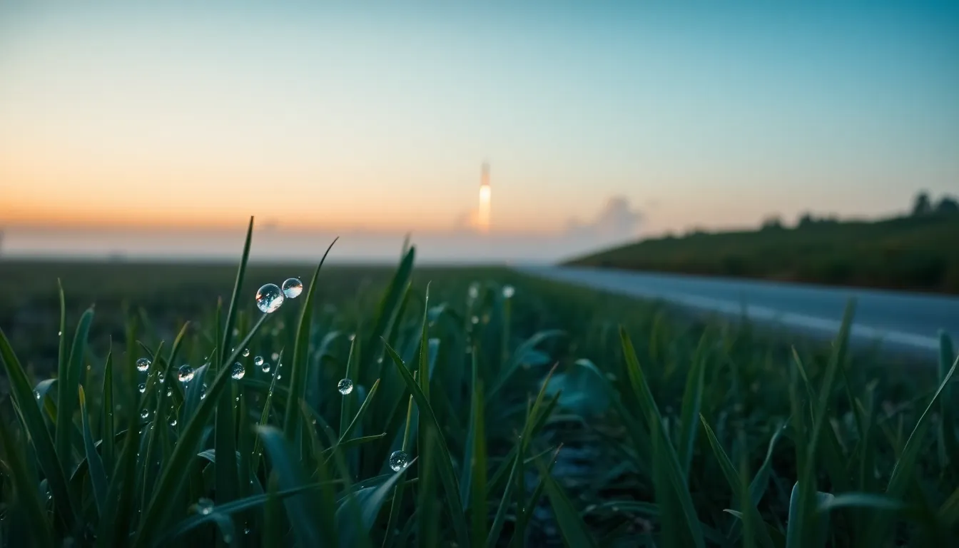 A captivating scene of a rocket launch site set against a backdrop of early morning fog and dew-kissed grass. The image utilizes leading lines to draw viewers into the launch site, where a rocket stands tall ready for launch. The depth of field captures the clarity of the foreground and background, while the vibrant color palette evokes a sense of adventure and exploration. This powerful composition represents the excitement of space exploration.