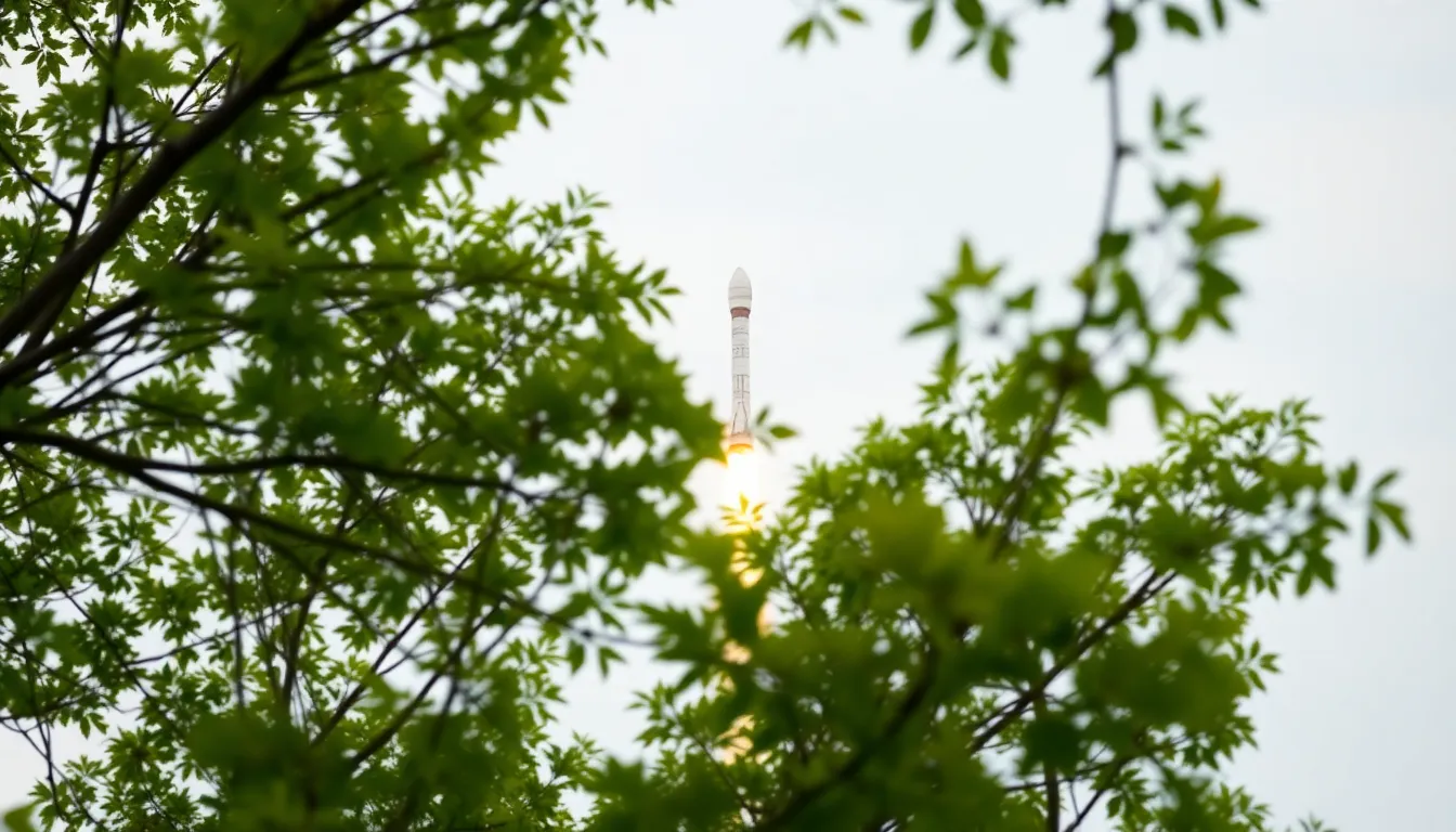 This stunning image captures the majesty of a rocket launch from a distance, framed beautifully by lush green trees. Shot with the Canon EOS R5, the composition is immersive, inviting viewers into the scene as the rocket ascends against a muted sky. The overcast lighting creates soft shadows and highlights, emphasizing the serenity of the surrounding nature. This moment encapsulates the intersection of technology and the natural world, celebrating humanity's quest for the stars.