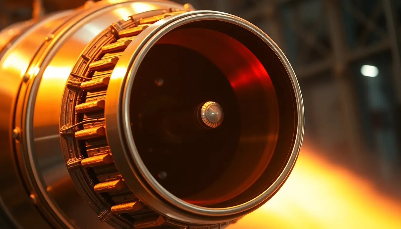 A mesmerizing close-up image of a rocket engine nozzle, revealing the intricate details of its design and engineering. The warm lighting accentuates the metallic surface, showcasing the craftsmanship involved in aerospace technology. With a soft focus on the background, the viewer's attention is drawn directly to the engine's complex forms and textures, reflecting the cutting-edge innovation in rocket science. This image is an excellent representation of the technical beauty behind space exploration.