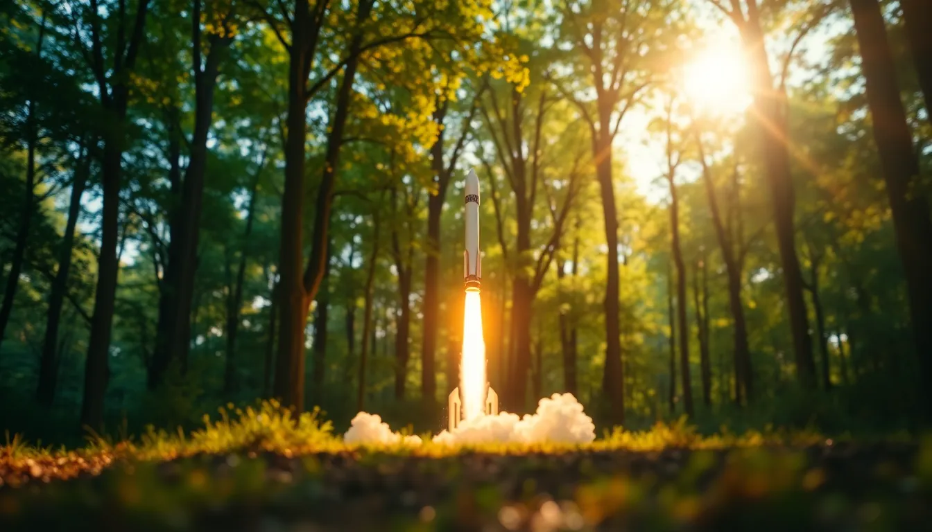 Rocket Launch Amidst Nature This dynamic image captures a rocket launch amidst a lush forest clearing, with dappled sunlight filtering through the trees. The shallow depth of field keeps the rocket in sharp focus against a backdrop of vibrant greens and warm golden highlights. Using a Dutch angle adds a sense of movement and excitement, while the saturated colors emphasize the interaction between technology and the natural world. This shot is a vivid representation of modern space exploration.
