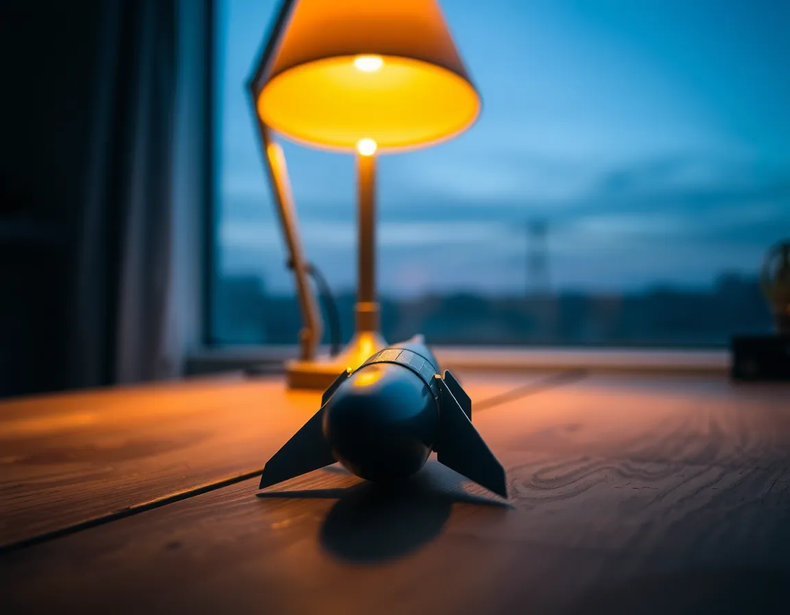 This close-up image showcases a beautifully detailed model rocket resting on a weathered wooden table. The warm glow of the tungsten lamp highlights the fine textures of the rocket's surface and the natural grain of the table. With a sharp focus across the scene, the image draws attention to the craftsmanship of the model while maintaining a cozy ambiance. The earthy tones create a sense of warmth and nostalgia, inviting the viewer into the scene.