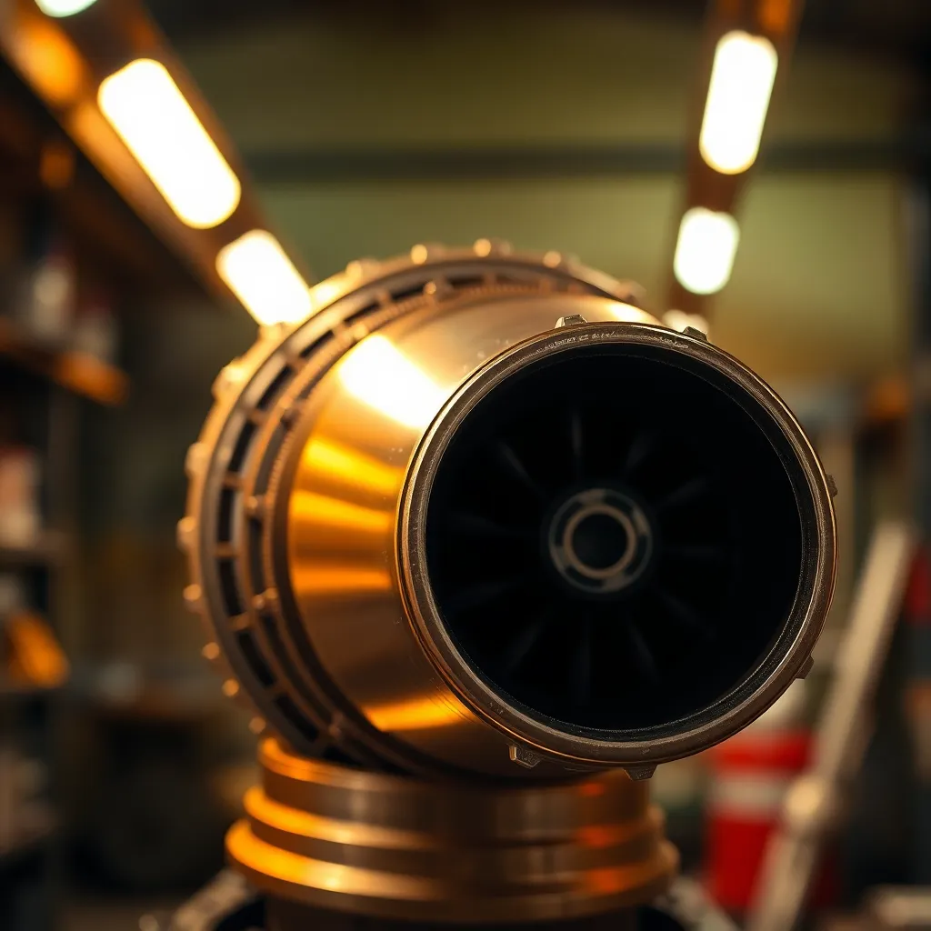 An intimate look at the craftsmanship of a rocket engine nozzle captured in a workshop environment. The warm tungsten lighting enhances the metallic textures, revealing intricate details that showcase advanced engineering. With a shallow depth of field, the nozzle is crisply in focus against a softly blurred background, creating a dramatic effect. The composition emphasizes the beauty of technical design in aerospace engineering, inviting viewers into the world of rocket technology.