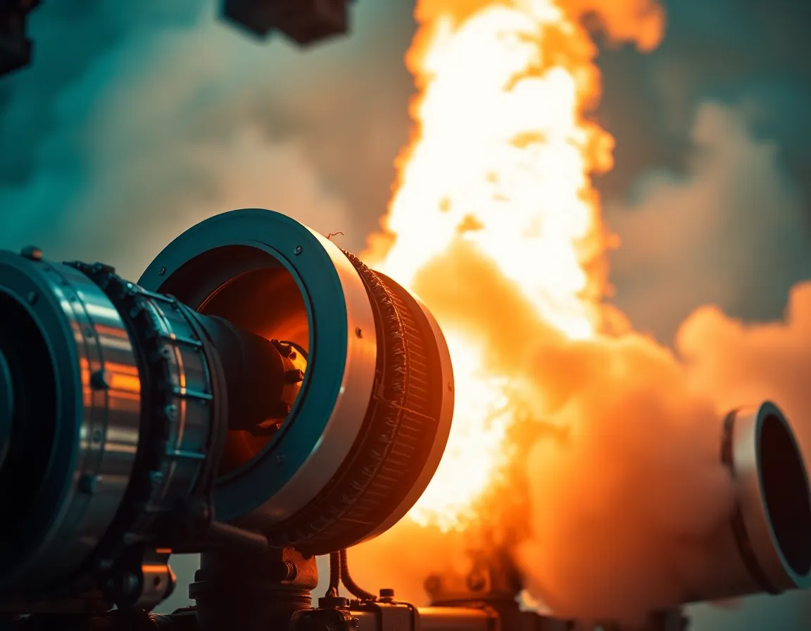 This dramatic image brings the viewer into the heart of a rocket engine test firing, showcasing the intricate details of engineering and design. Shot with the Hasselblad X2D 100C, the intensity of the flames is captured beautifully, creating a striking contrast against the metallic textures of the engine. The shallow depth of field enhances focus on the engine itself while smoke billows softly behind, adding a layer of atmosphere. This composition celebrates the power and technological advancements that drive space exploration.