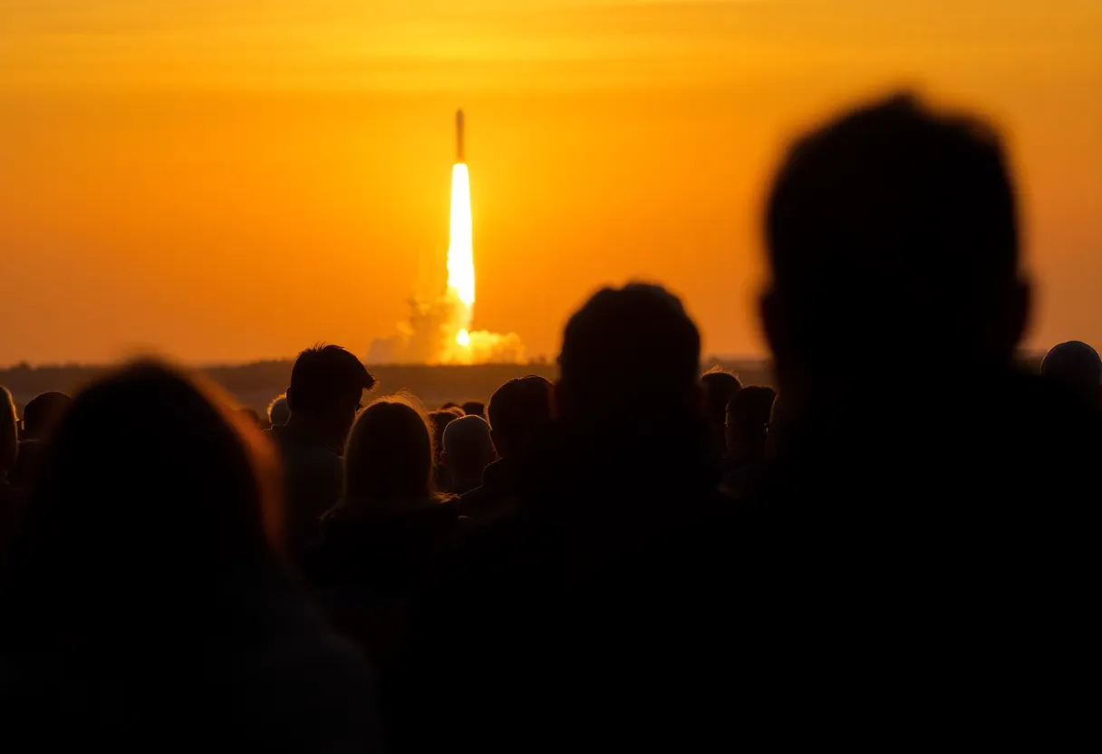 This evocative image captures a crowd of enthusiastic spectators witnessing a rocket launch from a distance during golden hour. The warm rim light highlights their silhouettes, creating an emotional connection to the scene. The composition skillfully adheres to the rule of thirds, placing the crowd in the foreground, while the rocket ascends majestically in the background. With a shallow depth of field, the warm yellows and oranges of the scene merge beautifully, inviting viewers into this moment of awe and excitement.