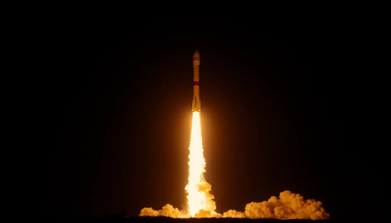 An awe-inspiring image of a rocket launching at night, with bright flames and exhaust illuminating the scene against a pitch-black sky. The powerful light highlights the rocket's features while creating dramatic contrasts in the surroundings. With a shallow depth of field, the rocket stands out in sharp focus, while the background subtly transitions into a soft bokeh. The vibrant colors evoke intensity and excitement, capturing the raw energy of a nighttime launch.
