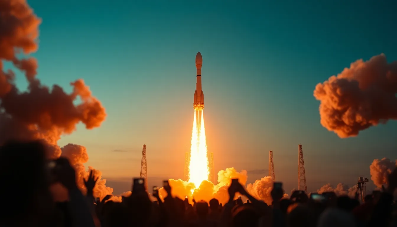 This striking image captures a rocket standing tall on the launch pad just before twilight. The sky glows with a stunning gradient of deep blue and orange, highlighting the metallic textures of the rocket. Powerful floodlights illuminate the scene, creating dramatic shadows and emphasizing the rocket's details. The composition adheres to the rule of thirds, adding dynamic interest to the photograph.