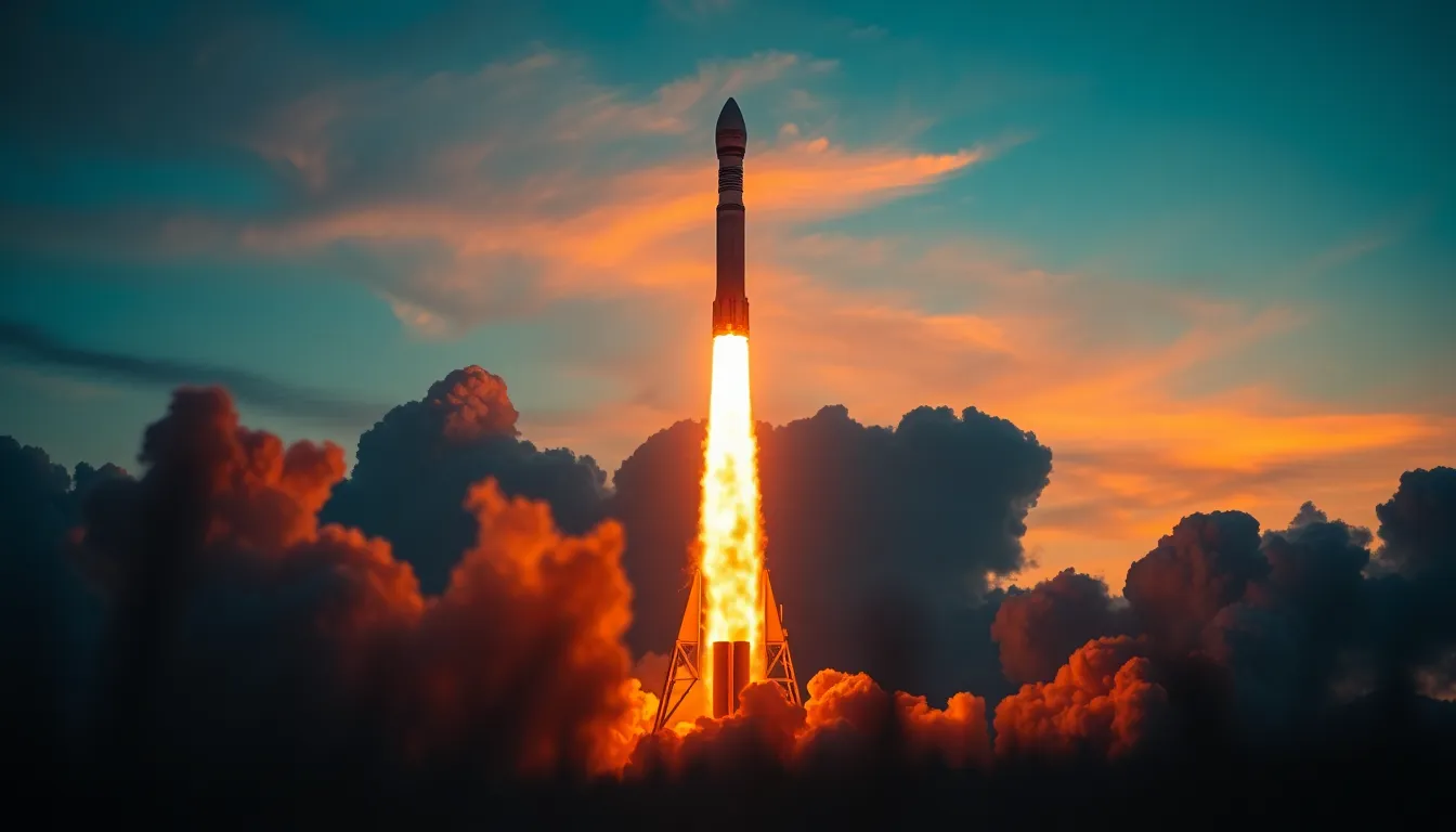 This captivating image captures a rocket launch at dusk, with fiery exhaust illuminating the dramatic clouds above. The scene is colored in striking oranges and deep blues, enhanced by cinematic grading, giving it a vibrant and energetic feel. With a shallow depth of field, this composition emphasizes the towering rocket against an expansive sky, showcasing the details of its metallic surface and the trailing smoke. Perfect for representing the power and energy of space exploration.