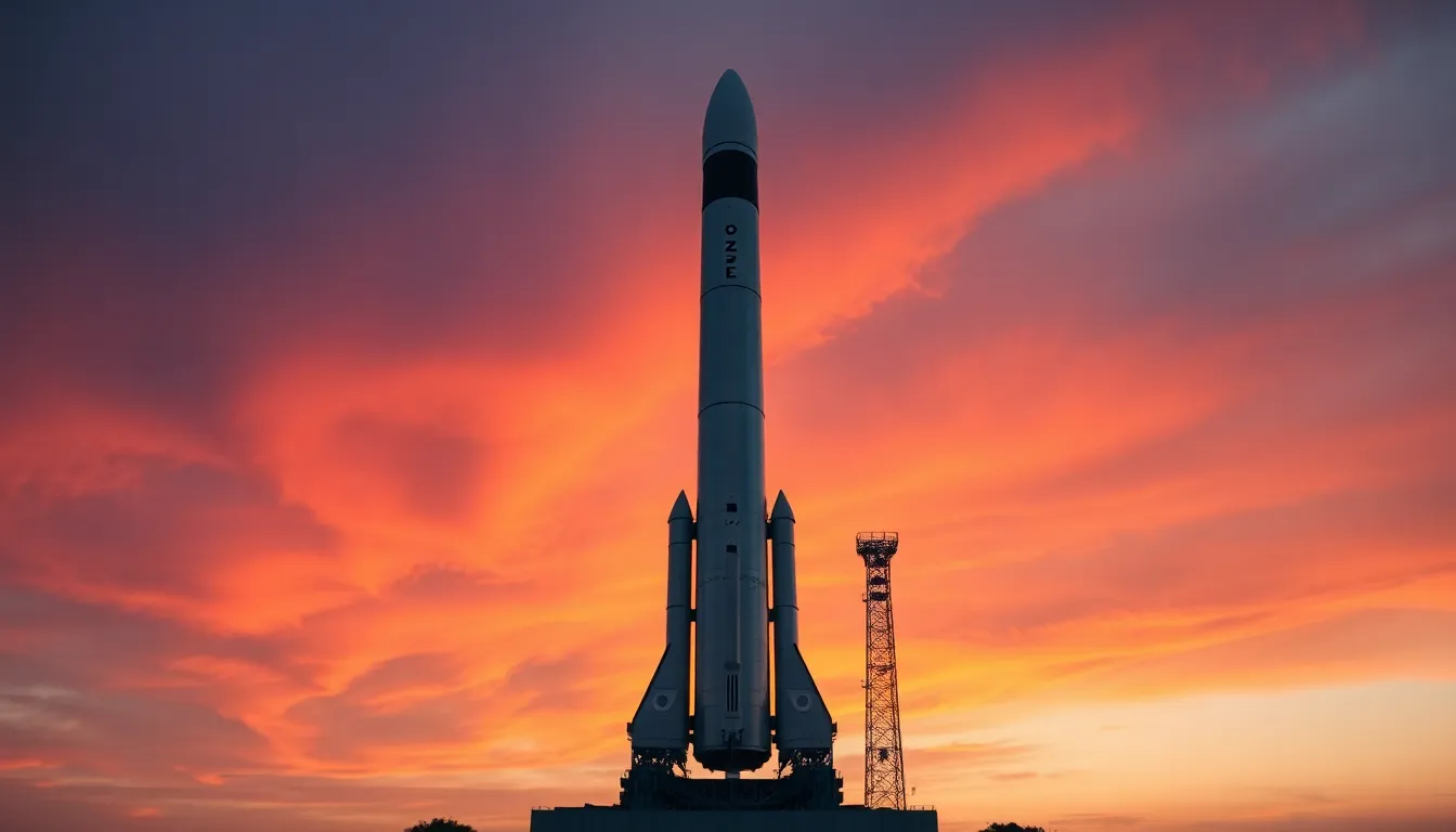 This striking image captures a towering rocket readied for launch against a stunning twilight sky. The rich oranges and purples create a dramatic backdrop that enhances the metallic texture of the rocket. With selective focus, the viewer is drawn to the intricate details of the rocket while the launch pad fades softly into the background. The composition conveys anticipation and excitement as the rocket stands tall, ready to defy gravity.
