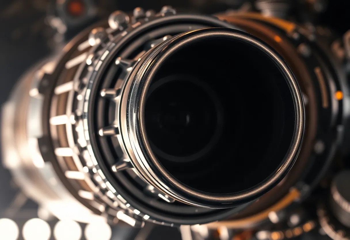 Close-Up of Rocket Engine Details This hyper-detailed image showcases the intricate details of a rocket engine, with glistening metal textures under dramatic studio lighting. The high-contrast shadows emphasize the complex components, while a shallow depth of field isolates the nozzle, creating a striking focus. The deep metallic colors, highlighted by orange tones, contribute to a sense of raw power and engineering precision.
