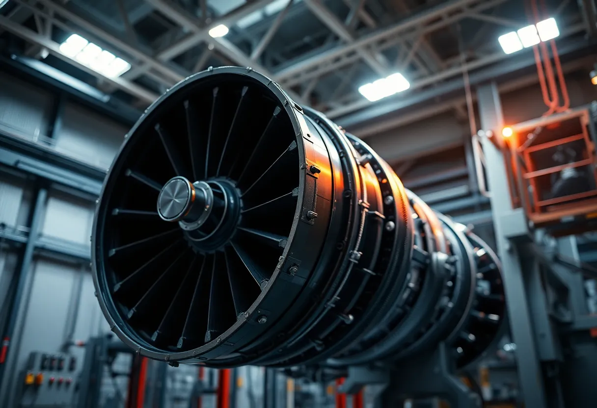 Rocket Engine Testing in High-Tech Facility This close-up photograph showcases a rocket engine undergoing testing in a sophisticated engineering facility. The sharp contrasts and deep shadows add a sense of drama to the scene, highlighting the intricate details of the engine's design. The smooth, metallic surfaces and complex textures are intensified by the lighting, drawing the viewer into the industrial environment. The muted color palette underscores the high-tech nature of the setting, creating an immersive experience.