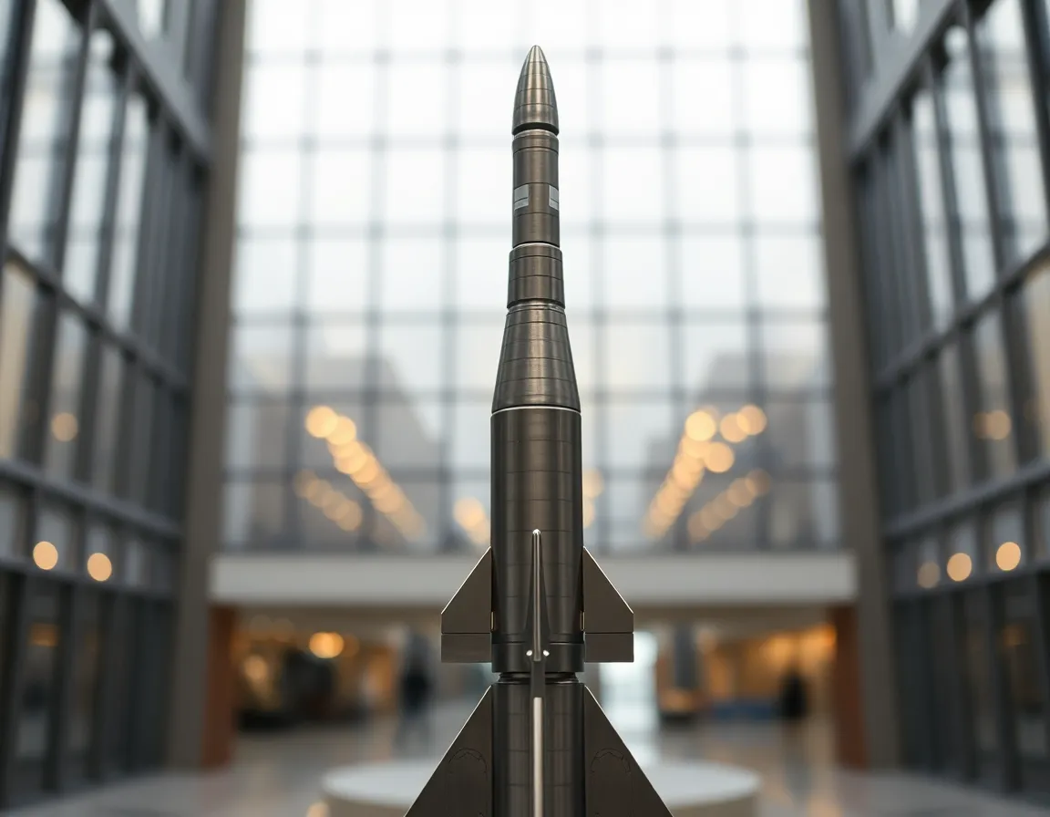 Rocket Ready for Launch In this image, a rocket stands ready for launch under an overcast sky, with diffused daylight creating an even illumination. The setting highlights the weathered concrete of the launch pad and textured metal of the rocket. It features a hyperfocal perspective, giving clarity to every detail from the foreground to the horizon. The muted earth tones evoke a sense of anticipation and readiness for space exploration.