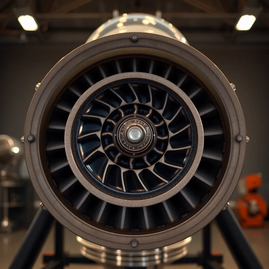 This image offers an intimate look at a rocket engine on display, showcasing the incredible engineering behind space exploration. Soft studio lighting emphasizes the metallic surfaces and intricate details, creating a compelling visual texture. The centered composition focuses attention on the engine, inviting viewers to appreciate its complexity and beauty. Natural muted tones enhance the industrial aesthetic, portraying a sense of innovation and technological advancement.