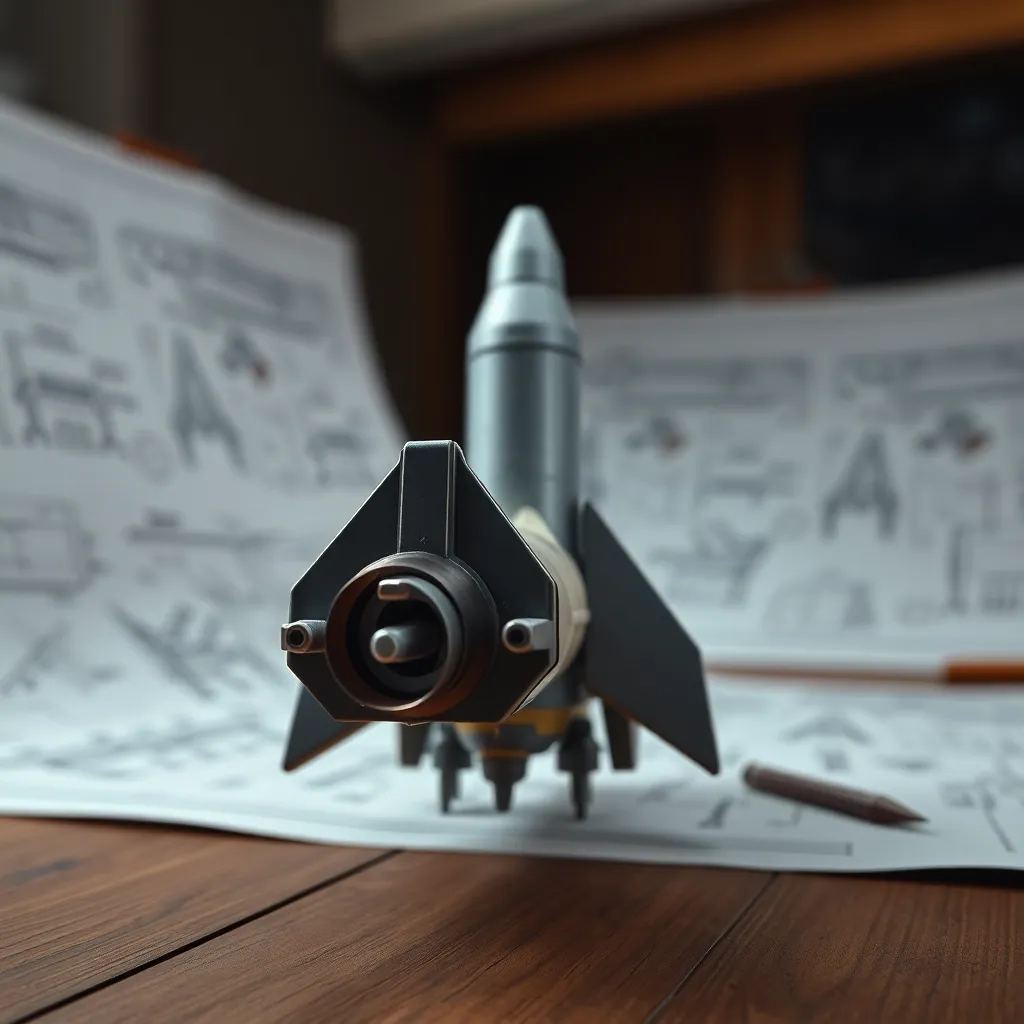 This hyper-detailed image showcases a meticulously crafted rocket model set against a blurred backdrop of engineering blueprints. The soft, diffused studio lighting highlights the textures of the wood and paper, while the shallow depth of field creates an intimate focus on the model itself. Natural muted tones lend a sophisticated air to the composition, rendering the intricate details of the rocket with precision. This image beautifully conveys the craftsmanship and design involved in aerospace engineering.