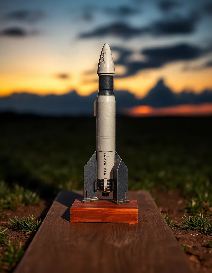 This captivating close-up image features a model rocket poised on a wooden launch pad as dusk settles in. The glowing twilight clouds provide a dramatic backdrop, enhancing the intricate paint details of the rocket. The shallow depth of field draws attention to the rocket's design, while the muted color palette creates an atmospheric mood. The symmetry of the composition invites viewers to appreciate the craftsmanship of this miniature spacecraft.