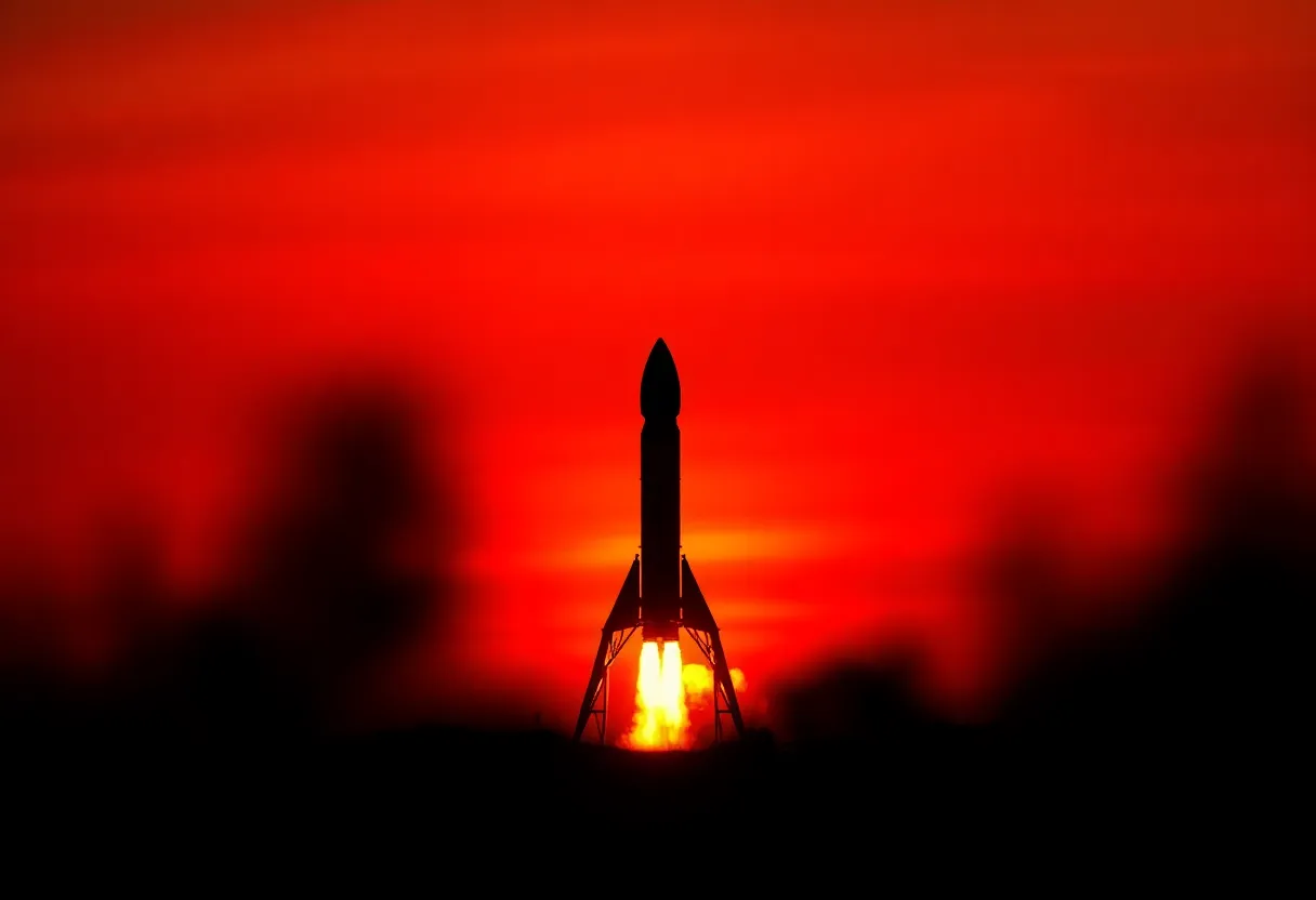 This breathtaking image features the silhouette of a rocket at dawn, framed against a dramatic backdrop of a fiery horizon. The warm colors of the sunrise illuminate the sky, creating a stunning contrast with the dark outline of the rocket. With a shallow depth of field, the foreground blurs into soft bokeh, enhancing the ethereal quality of the moment. The centered composition emphasizes the elegance of the rocket, symbolizing hope and aspiration as the new day begins.