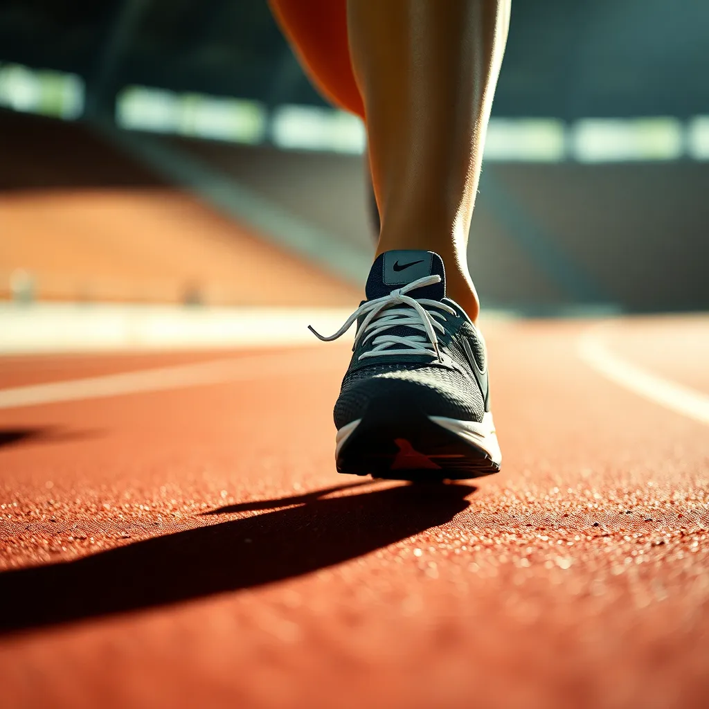 This intense close-up image captures a female runner's feet in mid-sprint on an athletic track. The dynamic lighting accentuates the textures of her running shoes and the track surface. With a focus on detail and color fidelity, the image brings forth a sense of motion and energy, perfect for sports-themed editorial use.