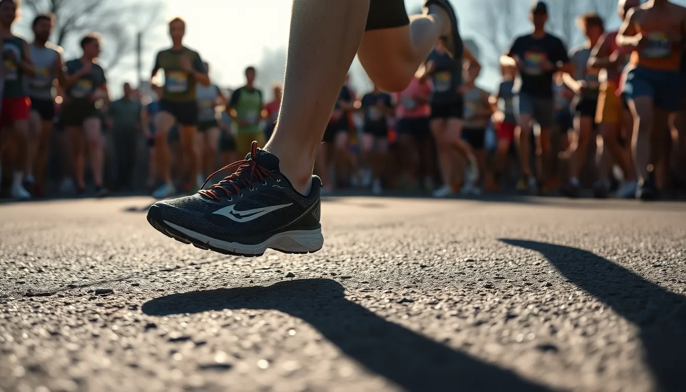 A dynamic close-up shot capturing a runner's feet striking the pavement during a competitive race. The bright morning sun enhances the texture of the pavement and running shoes, while the blurred crowd creates an exciting atmosphere. This image conveys the energy and determination present in competitive sports. The composition's focus on movement draws viewers into the intensity of the moment, making it a powerful representation of speed and athleticism.