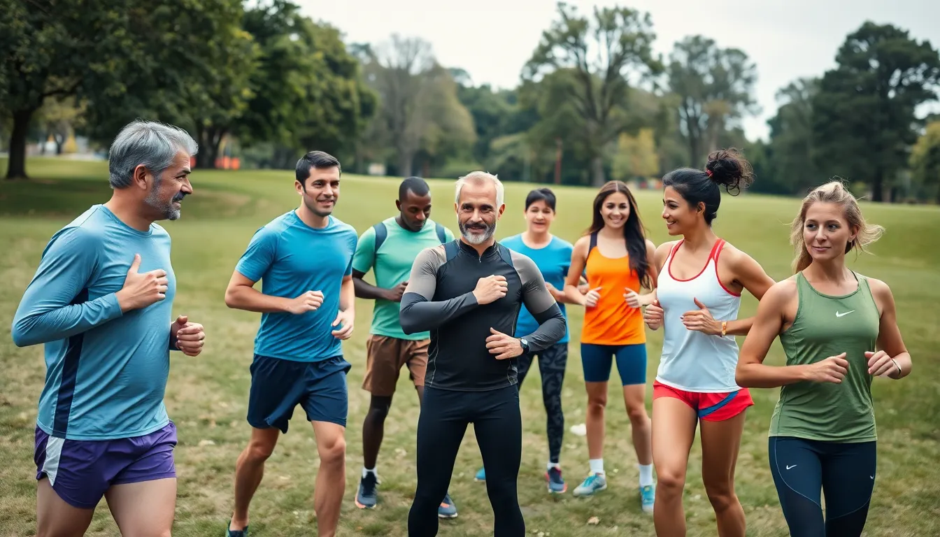 This lively image illustrates a diverse group of runners gathered in a park for a training session. The soft overcast light creates a calm atmosphere, while the runners' bright workout gear pops against the natural greenery. The composition captures the motivation and unity of the group, making it suitable for sports and fitness marketing.