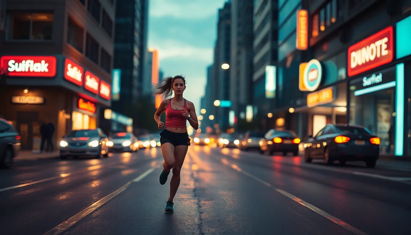 A striking image of a female runner navigating through a vibrant urban landscape at dusk. Neon lights reflect on the wet pavement, creating an energizing mood, while the runner's determined stride embodies urban athleticism. The use of teal and orange color grading enhances the scene's cinematic quality. The sharp focus captures the dynamic movement against the softly blurred city backdrop, showcasing the convergence of sport and city life.