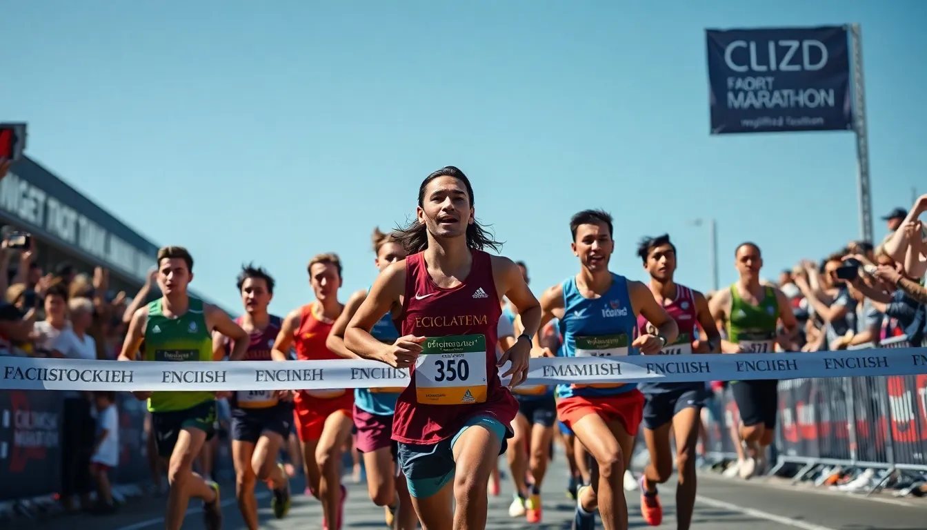 This vibrant image illustrates a group of diverse runners crossing the finish line of a marathon, showcasing determination and excitement. The bright daylight enhances the colors of their athletic gear against the stunning backdrop of a cheering crowd. The scene captures the essence of competition and achievement, ideal for sports-related content.