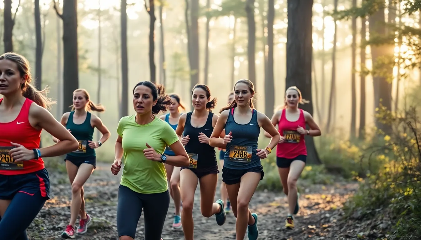 An exhilarating scene featuring a group of female runners in the midst of a forest trail race. Bathed in soft morning light, this image contrasts the vibrant colors of their athletic gear with the rich greens of the woods. The focus on their determined expressions highlights the competitive spirit in a natural setting. This composition draws the viewer into the action, showcasing the beauty of running in nature.