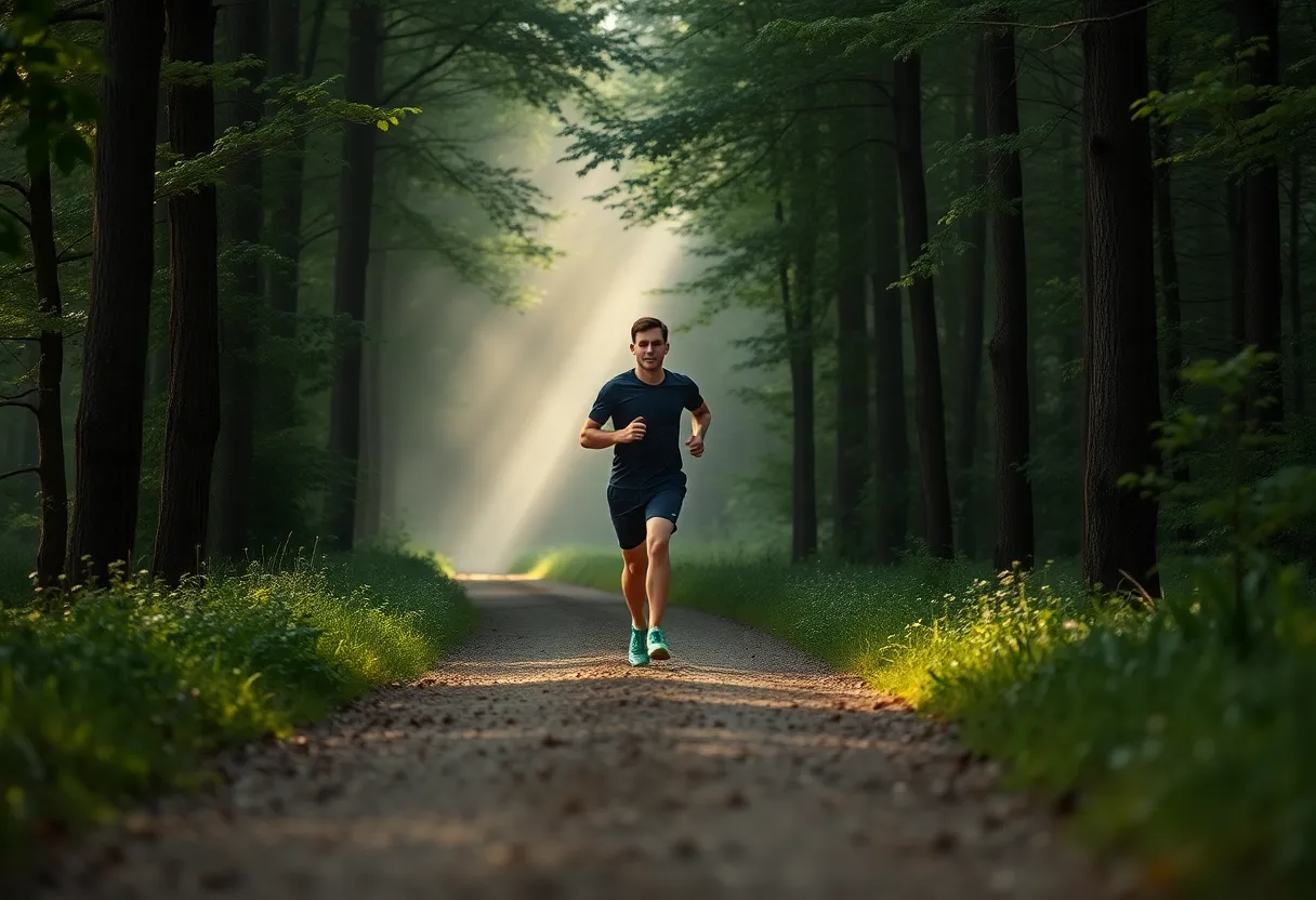 This evocative image portrays a lone runner jogging along a winding path in a misty forest, encapsulating the serenity of nature. The diffuse light filtering through the trees crafts a magical ambiance, while the muted colors of the foliage enhance the tranquil feel of the scene. The runner's focused expression signifies dedication and solitude, making this image perfect for illustrating the connection between sport and nature. The composition gives a sense of balance and calm, inviting viewers into the moment.