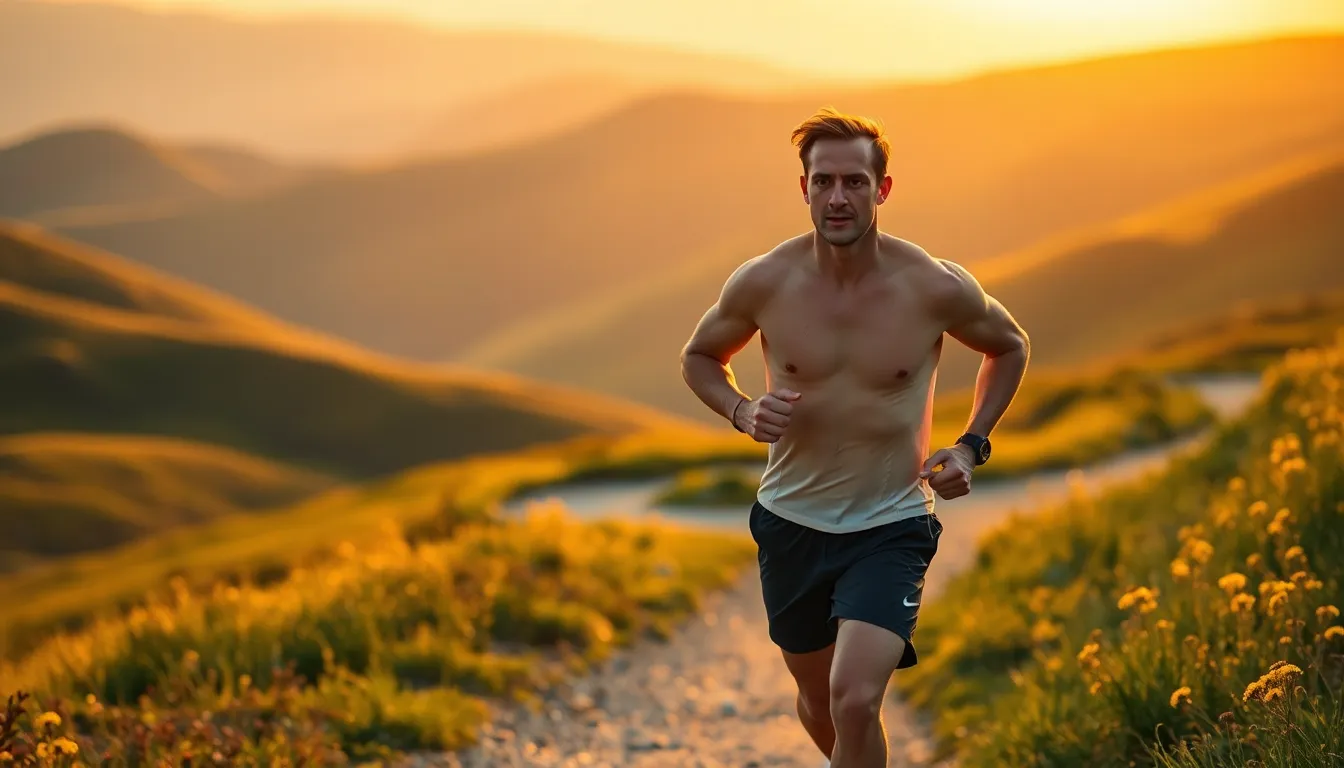 An exhilarating image of a male runner training on a winding mountain path during the golden hour. The warm light casts a beautiful glow, accentuating his toned physique against the backdrop of stunning natural scenery. The rich colors and textures of the landscape, paired with the runner's focused expression, create a captivating mood. The use of leading lines invites the viewer's gaze towards the subject while showcasing the beauty of nature.