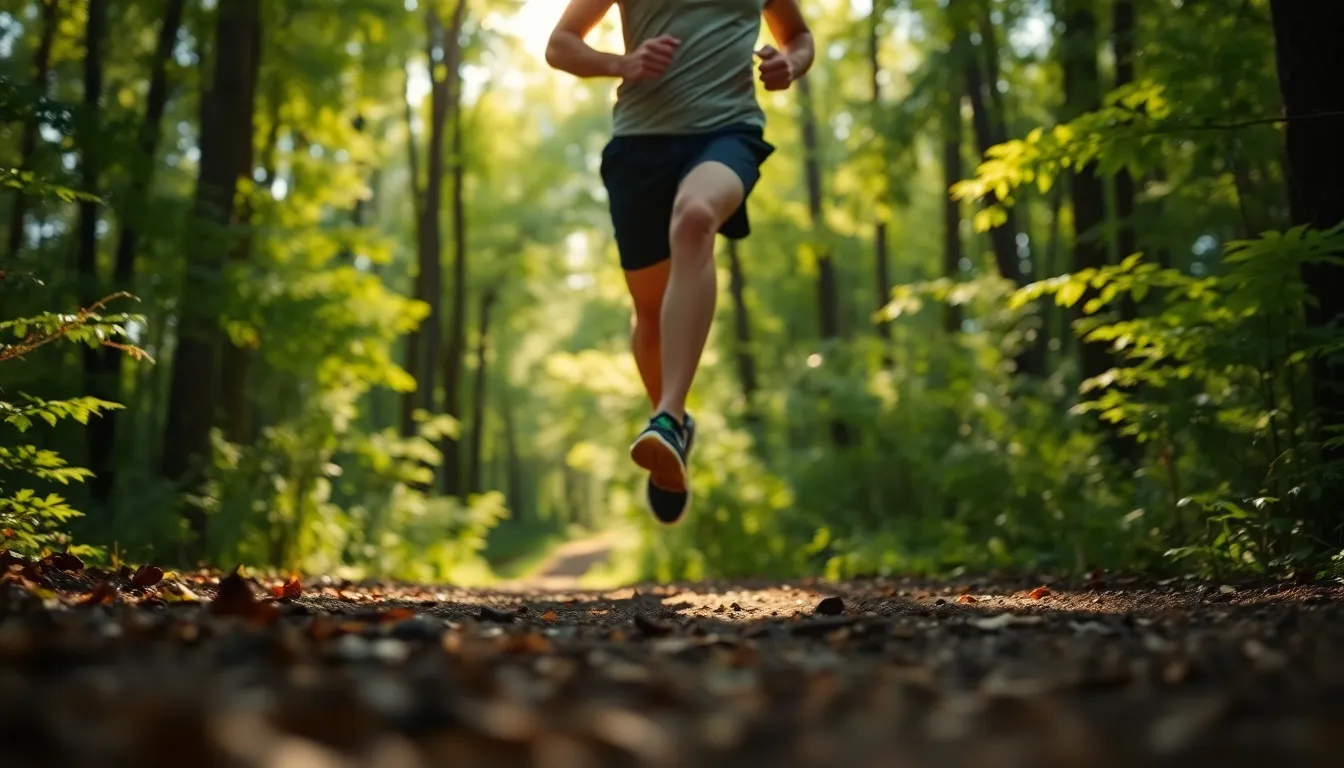 This striking image depicts a runner in mid-stride on a scenic forest trail. The warm rays of sunlight filter through the dense canopy, highlighting the runner's focused expression and athletic form. Lush greenery wraps around the scene, enhancing the naturalistic mood. The composition emphasizes movement and energy, perfect for sports-themed content.